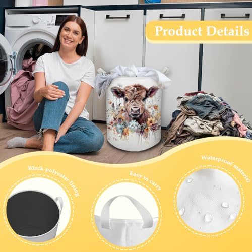 Cow Laundry Basket, Farmhouse Floral Cow Waterproof Collapsible Laundry Hamper Dirty Clothes Storage Toy Bin Organizer for Bathroom Bedroom Nursery Girls Kids Room