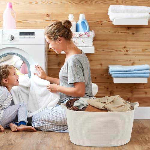 XUANGUO Large Rectangle Woven Cotton Rope Blanket Basket 22"x17"x12" White | Storage basket for nursery and living room; toy basket for kids, dog toy storage, or laundry basket for clothes and towels.