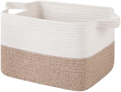 OIAHOMY Woven Storage Basket for Shelves, Rectangle Cotton Rope Baskets for Organizing, 13 x 10 x 9 in, Storage Bins for Dog Toys,Towel,Books,Gift,Brown and White