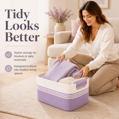 12.8GAL Small Cute laundry basket for nursery, Boho Square storage basket for Living Room Decor, Kids Girls Boys Toys Stuffed Animal Decorative Short Hamper for Dirty Clothes, Bath Towel White Purple