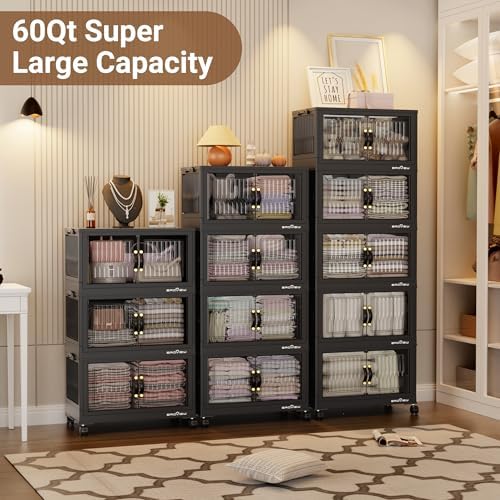 BROVIEW 180Qt Stackable Storage Bins with Lid & Wheels, Plastic Collapsible Closet Organizers and Storage Drawers for Clothes | Foldable Storage Cabinet Container for Dorm Kitchen 3Pack Black