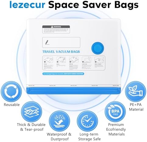 15 Pack Vacuum Storage Bags for Travel with Rechargeable Cordless Pump, Space Saver Bags for Clothes, Compression Packing Bags for Luggage and Suitcase,Blue