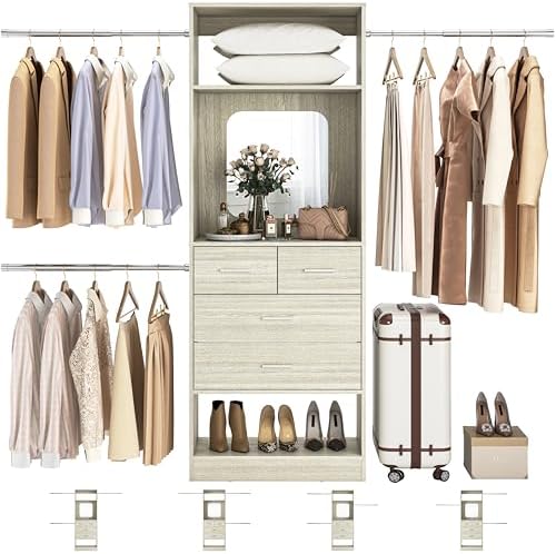 Unikito 8FT Closet System with Mirror and 3 Extendable Hanging Rods