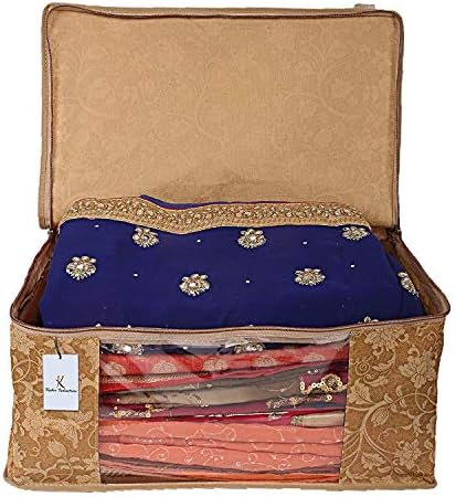 Kuber Industries Metallic Printed Non Woven 6 Pieces Saree Cover and 3 Pieces Underbed Storage Bag, Cloth Organizer for Storage, Blanket Cover Combo Set (Beige) -CTKTC038568