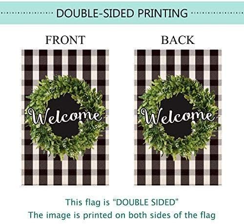 Baccessor Boxwood Wreath Welcome House Flag Vertical Double Sided, Buffalo Check Plaid Rustic Farmhouse Burlap Garden Yard House Flag Outdoor Decoration 28 x 40 Inch