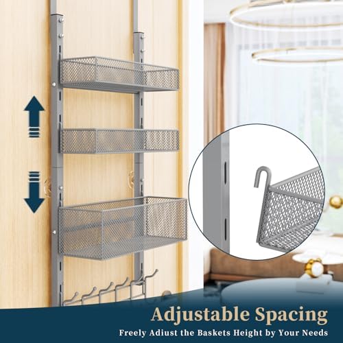 Consumest Over The Door Hooks Organizer - 4 Tier Door Coat Rack with 3 Baskets & 12 Hooks, Stainless Steel Towel Hanger for Bedroom, Bathroom, Living Room, Silver