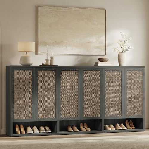 SICOTAS 96.8" Wide Tall Rattan Shoe Storage Cabinet for Entryway with Doors