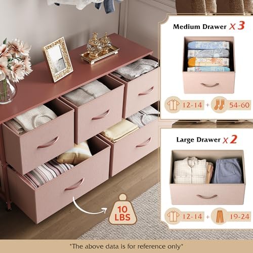WLIVE Wide Dresser for Bedroom, 5 Drawer Chest of Drawers, Pink