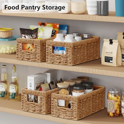 Vagusicc Wicker Storage Basket, Set of 2 Hand Woven Wicker Baskets for Organizing with Handles, Decorative Small Storage Bins for Countertop Toilet Paper Basket for Toilet Tank Top, Shelves, Natural