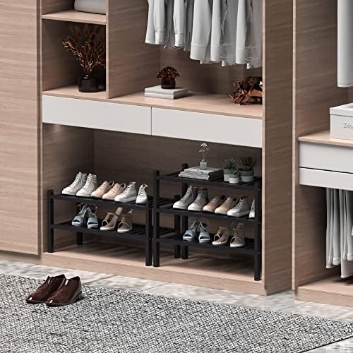 ROMGUAR CRAFT 2 Tier (Thick) Bamboo Shoe Rack for Closet Free Standing Wood Shoe Shelf for Entryway Small Space Stackable 27"x12"x14" (Black)