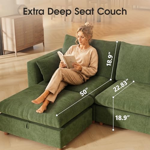 WorthFurni Oversized Modular Sectional Sofa,111" Sleeper Sofa Bed Sectional Cloud Couch with Storage Ottoman,Comfty 6 Seat Modular Sofa for Living Room,Green Chenille