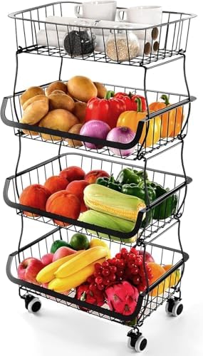 Fruit Vegetable Storage Basket, 4 Tier Stackable Metal Wire Storage Baskets with Wheels, Fruit Vegetable Produce Basket Organizer Bins for Kitchen, Pantry, Bathroom
