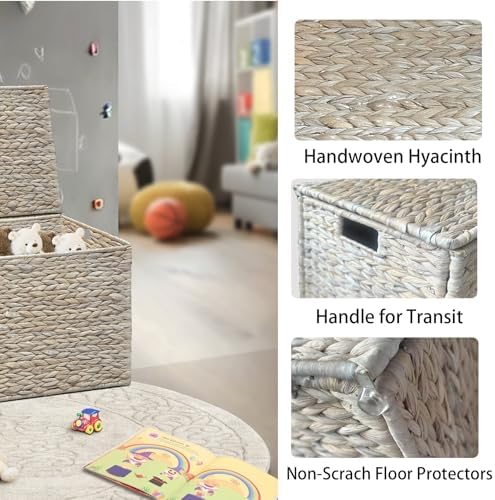 Water Hyacinth Storage Basket with Lid, 42.3 Gallon (160L) Wicker Storage Trunk with Handles, Handwoven Wicker Storage Basket for Blanket, Foldable, for Living Room, Laundry Room, White
