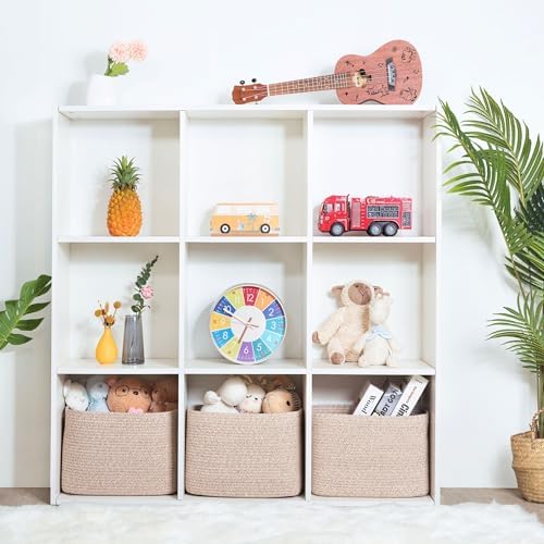 MINTWOOD Design 3-Pack Decorative Woven Storage Baskets for Shelves, Cube Bin Box for Organizing Books, Shoes, Dog Toys, Pantry Closet and Living Room Organizer, Oatmeal Brown