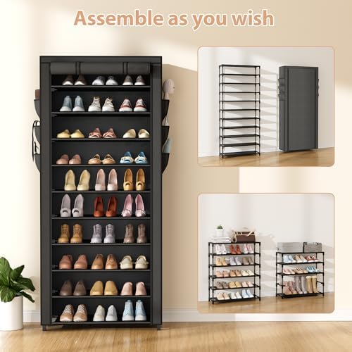 VTRIN Vertical Narrow Shoe Rack Organizer Tall Shoe Rack for Closet Entryway 10 Tier Non-Woven Cover Shoe Shelf Holds 36-41 Pairs Free Standing Shoe Storage Cabinet with Dustproof Cover, Black