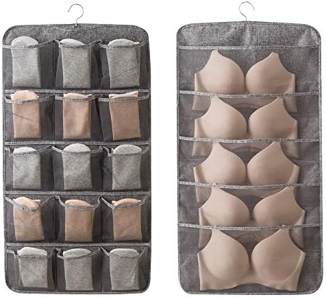 Bseash Enlarged Closet Hanging Bra Organizer with Rotating Metal Hanger, Dual Sided Wall Shelf Wardrobe Mesh Pockets Hanging Storage Bag for Bra Socks Underwear Underpants