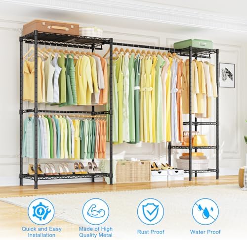 Ulif E10 Clothes Rack（With Stretchable Hanger Rod）Freestanding Clothing Racks for Hanging Clothes，Adjustable Closet Organizer System，Portable Garment Rack 73-97"W x 15" D x 72" H，Max Load 800LBS，Black