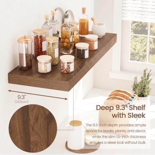 Vivelove Floating Shelves 9 inch Deep 24”Long Set of 2, Walnut | Easy Install With Hardware, 1.5" Thick, Invisible Brackets, Wall Mounted, No Sagging, For Any Room