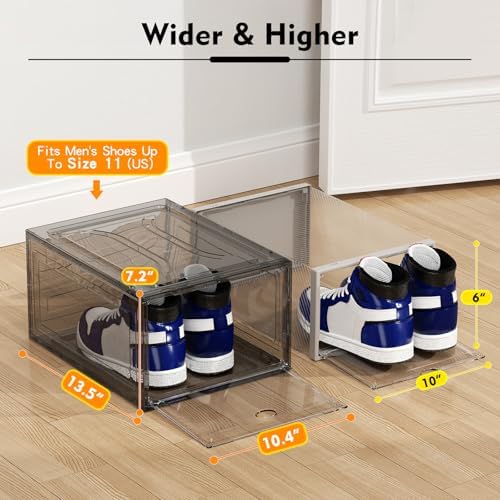 ARSTPEOE Upgrade Harder Solid Plastic Shoe Organizer, Shoe Storage with Magnetic Front Door, Shoe Rack 6 Pack Shoe Boxes Clear, Sneaker Storage, Shoe Organizer for Closet, Shoe Display Case, Black