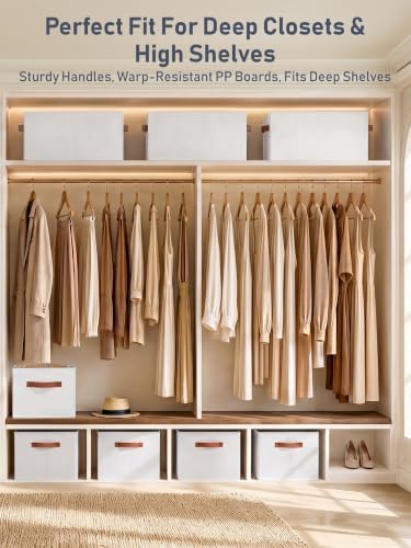 6 Pack Large Closet Storage Baskets Bins for Shelves, Collapsible Fabric Closet Organizers and Storage with Polyester Handles, Decorative Baskets for Organizing Clothes, Towels, Linen Closet 14"x10"