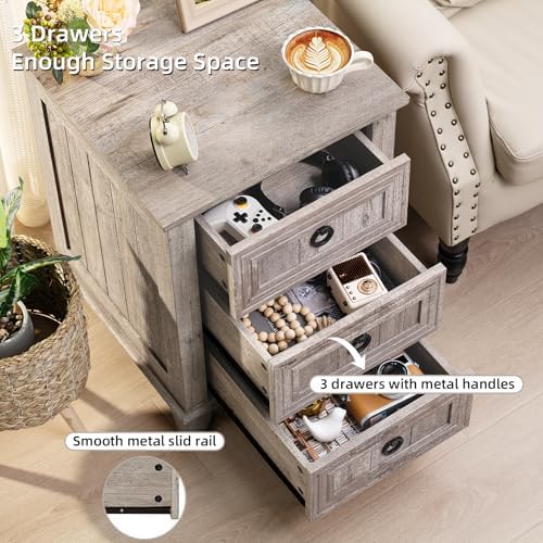 Joaxswe Farmhouse Nightstand Set 2, 18'' End Table | Sofa Bed Side Table with 3 Drawers, Oak Night Stand Cabinet for Organizer Bedroom Living Room