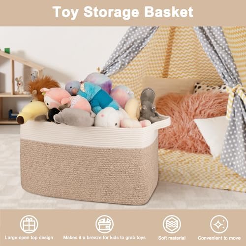 OIAHOMY Extra Large Blanket Basket, 95L Cotton Rope Woven Laundry Basket, Toy Bin for Baby Room, Container for Blanket Storage in Living Room, 24''×17''×14'', Brown & White