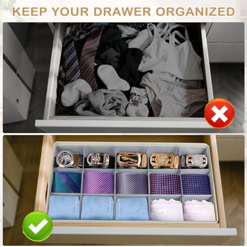Lukeline Belt Organizer for Closet, Tie Storage Organizer Bins with 15 Compartments Drawer Organizer, Linen Closet Organizers Storage Box for Socks, Bras, Briefs, Ties, Belts