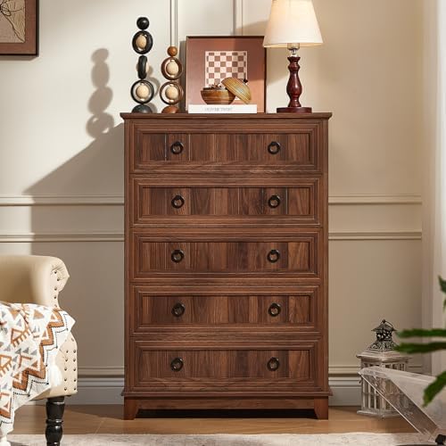 Joaxswe Farmhouse 5 Drawer Dresser for Bedroom Set of 2, 42.5" Tall Small Dressers & Chest of Drawers, Rustic Wood Dresser with Metal Handle, Storage Organizer Closet for Living Room, Hallway,Entryway | Chest of Drawers, Rustic Wood Dresser with Metal ...