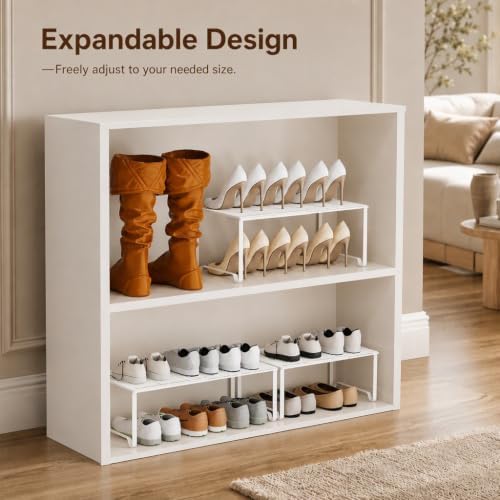 Extendable Metal Wire Shelf Organizer - Adjustable 15-24.4in Length, Stackable Storage Rack for Kitchen/Pantry/Bathroom/Shoe Cabinet/Tool Closet (1, White)