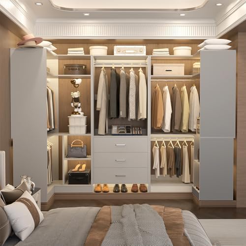 Aheaplus Closet System with Drawer，Hanging Rods， U-Shaped，Set of 3， Grey