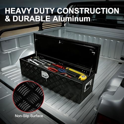 39"x13"x10" Black Heavy Duty Aluminum Pickup Truck Bed Tool Box，Diamond Plate Waterproof Storage Box For Truck, RV, Trailer With Side Handle and Lock Keys
