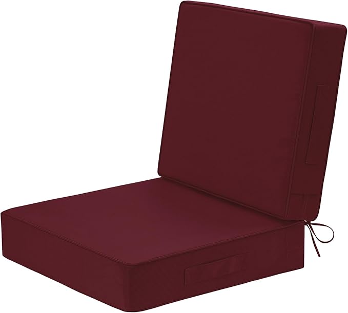 Wellsin Outdoor Deep Seat Patio Cushions, 24 x 24 Waterproof & 3-Year Fade Resistant Outdoor Cushions with Removable Covers,Ties and Handle for Chair, Sofa, Couch, Burgundy