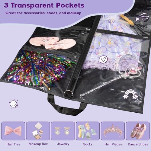 Dance Garment Bags with 3 Clear Zipper Pockets, Cheer Garment Bags for Cheerleading Uniform, 40" Garment Bags for Hanging Clothes, Suits, Travel & Sports Jersey, Cheer Uniform (Black, 1Pack 40")