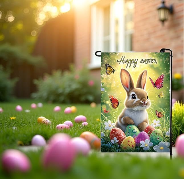 Happy Easter Garden Flag 12x18 Double Sided, Small Burlap Floral Butterfly Eggs Bunny Garden Flags Easter Holiday Outdoor Yard Decorations