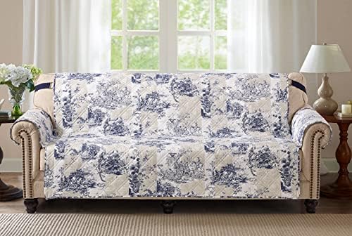 Brilliant Sunshine Blue Toile Couch Cover, Quilted X-Large Sofa Slipcover, 78" Seat Width, Slip Resistant Furniture Protector, 2" Strap, Washable Couch Cover for Pets, Kids, Dogs, Cats, Blue Beige