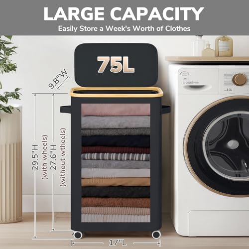 Goodpick 75L Rolling Laundry Basket with Wheels and Lid, Black