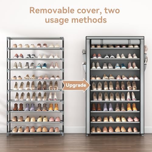 LANTEFUL Shoe Rack with Covers 10 Tier Tall Shoe Rack Organizer Large Capacity Shoe Shelf Storage 40 Pairs Space Saving Free Standing Shoe Storage Organizer for Closet, Entryway, Dorm, Grey