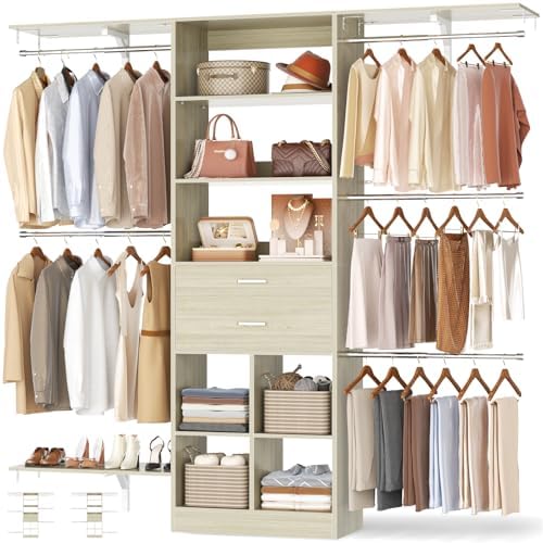 Small Closet System - 5FT Closet Organizer System with Wooden Drawers, 60 Inches Walk In Closet System With 5 Hanging Rods, Can Fit 1.58 to 6.8 FT with Reversible Hanging Shelving, Greige Oak