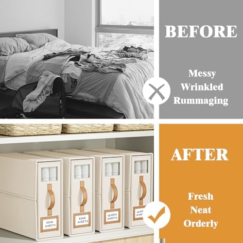 3 Pack Foldable Bed Sheets Set Organizers and Storage(King & Queen Size),Linen Fabric Closet Organizers with Window,Folding Bedding Storage Box for Bedsheets and Pillow Cube Organizer-Beige