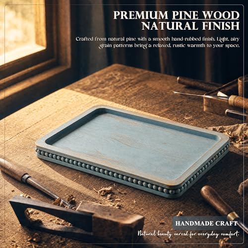 EOSAHR Farmhouse Couch Tray: Foldable Sofa Arm Tray for Drinks & Snack,Blue | 13"×9"×1", Bead Edge, Pine Wood, Anti-Slip Mat, 2 Strong Spring Hinges, Double as Small Coffee Table & Snack Holder
