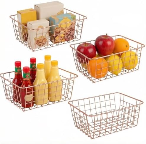 Jucoan 4 Pack Metal Wire Storage Baskets, Rose Gold Wire Baskets with Handles, Pantry Organizer Storage Bins for Kitchen, Freezer, Closet, Laundry Room, Cabinets