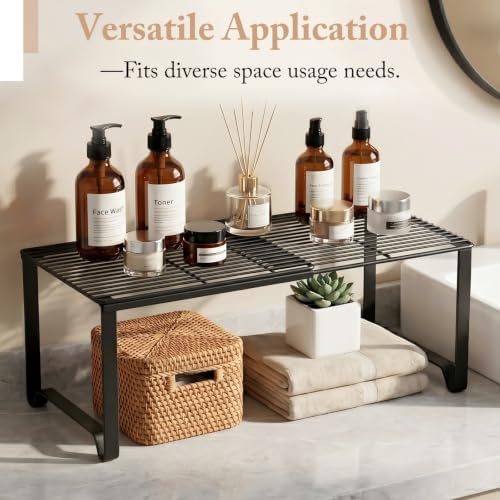 Extendable Metal Wire Shelf Organizer - Adjustable 15-24.4in Length, Stackable Storage Rack for Kitchen/Pantry/Bathroom/Shoe Cabinet/Tool Closet (1,Black)