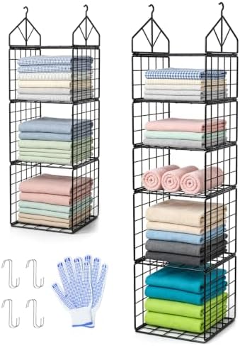 2 Pack Hanging Closet Organizer and Storage, 5 Tier & 3 Tier Metal Wire Closet Shelves with 8 S Hooks, Hanging Storage Shelf for Clothes Shoes Sweaters Handbags Laundry