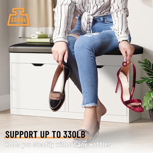 40" Shoe Storage Bench with 2 Flip Drawers & Padded Seat Cushion, Shoe Cabinet with Lift Top Storage Box, Shoe Bench Shoe Organizer for Entryway, Hallway, Living Room, White