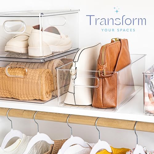 Plastic Food Storage 2 Pack Clear Container Bin with Handles for Organizing Kitchen, Pantry, Refrigerator, Freezer, Pantry, Cabinet, Closet, Bathroom. 14”x8”x5”