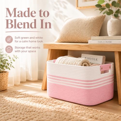 19.2GAL Sturdy Large Laundry Basket with Handles for Dirty Clothes, Portable Aesthetic Boho Cute Woven Storage Blanket Baskets for Living Room Decor and throws pillows Kids Toys Bath Towle White Pink