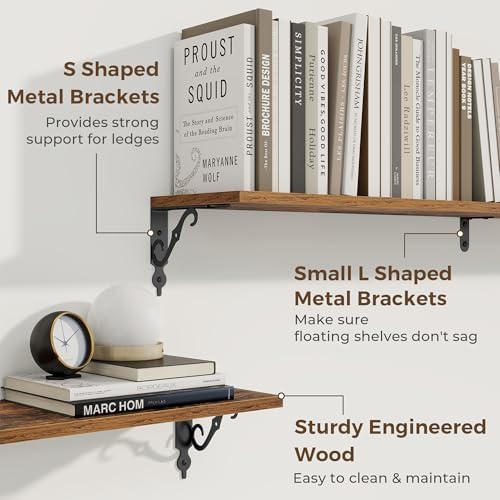 RICHFOCUS Floating Shelves for Wall Decor, 55.1W x 8D Shelf Set of 2, 8 Inch Deep Rustic Wood Shelves Wall Mounted with Brackets, Long Shelves for Living Room Bedroom Kitchen, Rustic Brown