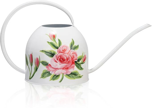 MOYEE Small White Metal Long Spout Watering Can Outdoor Indoor Spray Bottle for Plants Hand Drawn Patterns,1/2 Gallon Plant Mister Durable Metal Structure Lawn Garden Watering Equipment