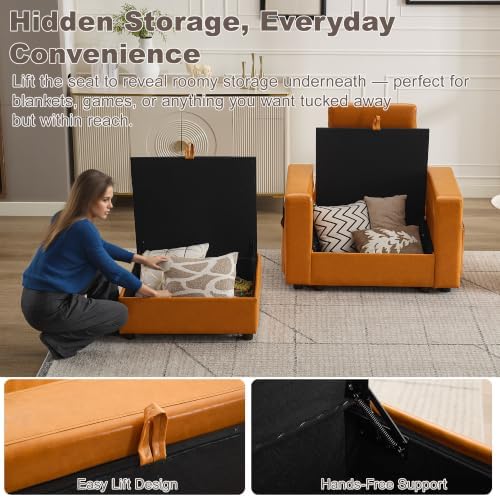 41.1" Accent Storage Sofa Chair with Ottoman, Faux Leather Living Room Chaise Lounge Chair with Headrest & Side Pockets, Modern Upholstered Comfy Arm Chairs, Sleeper Sofa, Reading Club Chairs, Brown