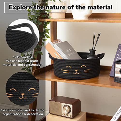 Small Woven Rope Cat Toy Basket with Cat Face Design, Black